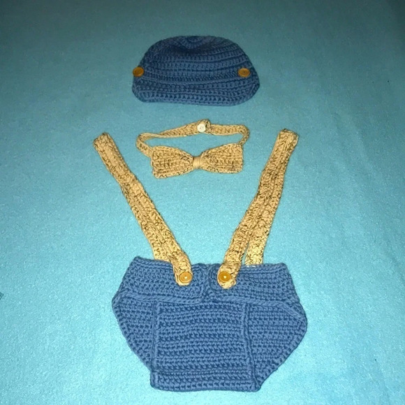 HANDMADE CROCHETED hat,matching bottoms suspenders and bow tie size 3-6 months - Picture 1 of 5